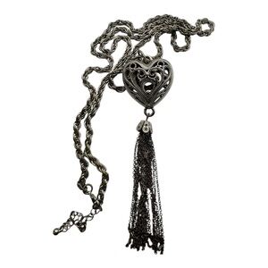 Vintage Silver-Tone Filigree Heart Tassel Necklace | Rope Chain